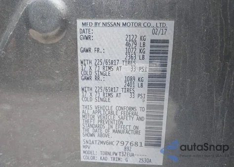 2017 Nissan Rogue S z USA, uszkodzony, nr VIN 5N1AT2MV6HC797681